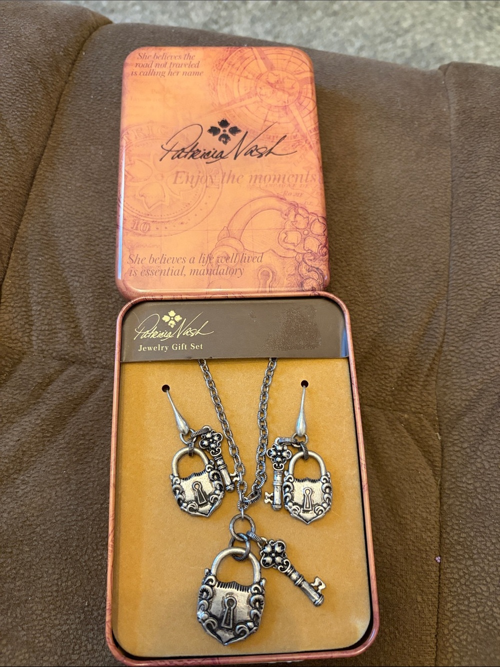 Patricia Nash Silver-Tone Padlock & Key Necklace and Earring Set 30 inch L